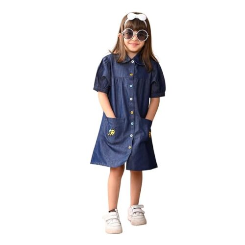 superminis Girls Denim Solid Color Half Sleeves Dress with Embroidered Pocket (1 Dress)