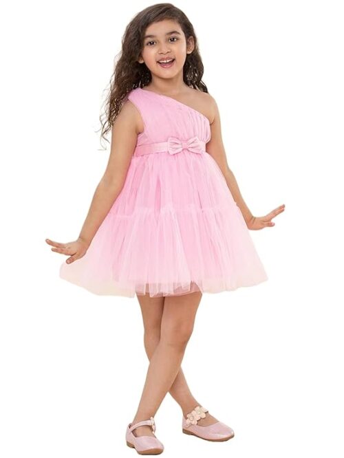 A.T.U.N. (ALL THINGS UBER NICE) Girls One Shoulder Net Fit and Flare Knee Length Birthday Special Dress