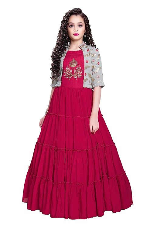 White Button New Jacket Latest Kids Gown for Girls Maxi Dress